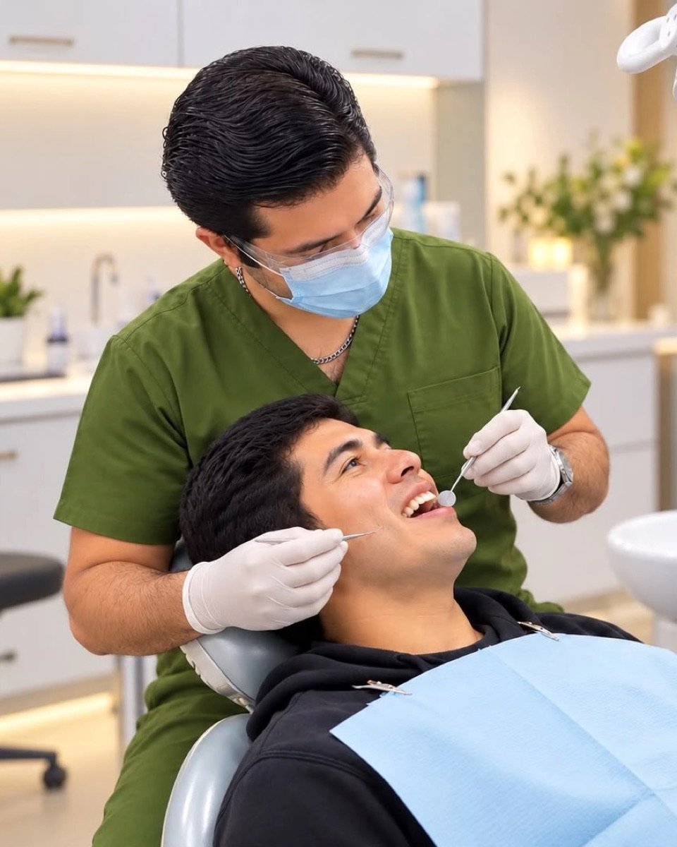 El Dr. Isaac Vargas revisa a un paciente sonriente en el sillón dental