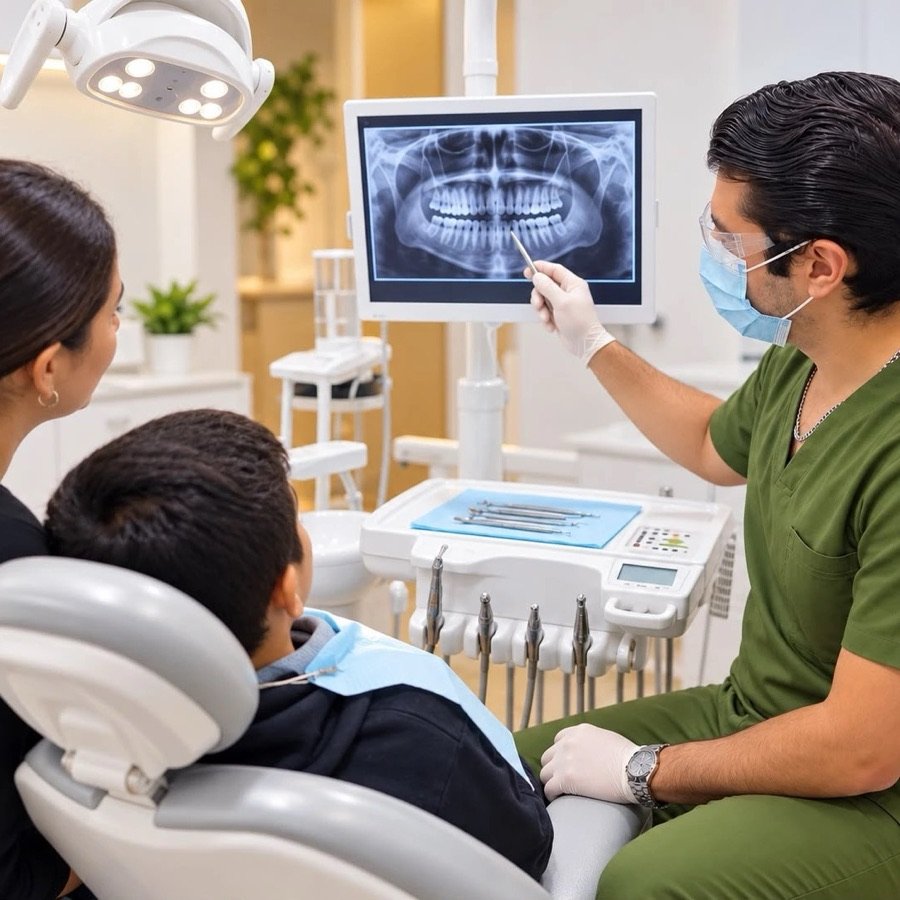 El doctor explica una radiografía a una mamá y su hijo
